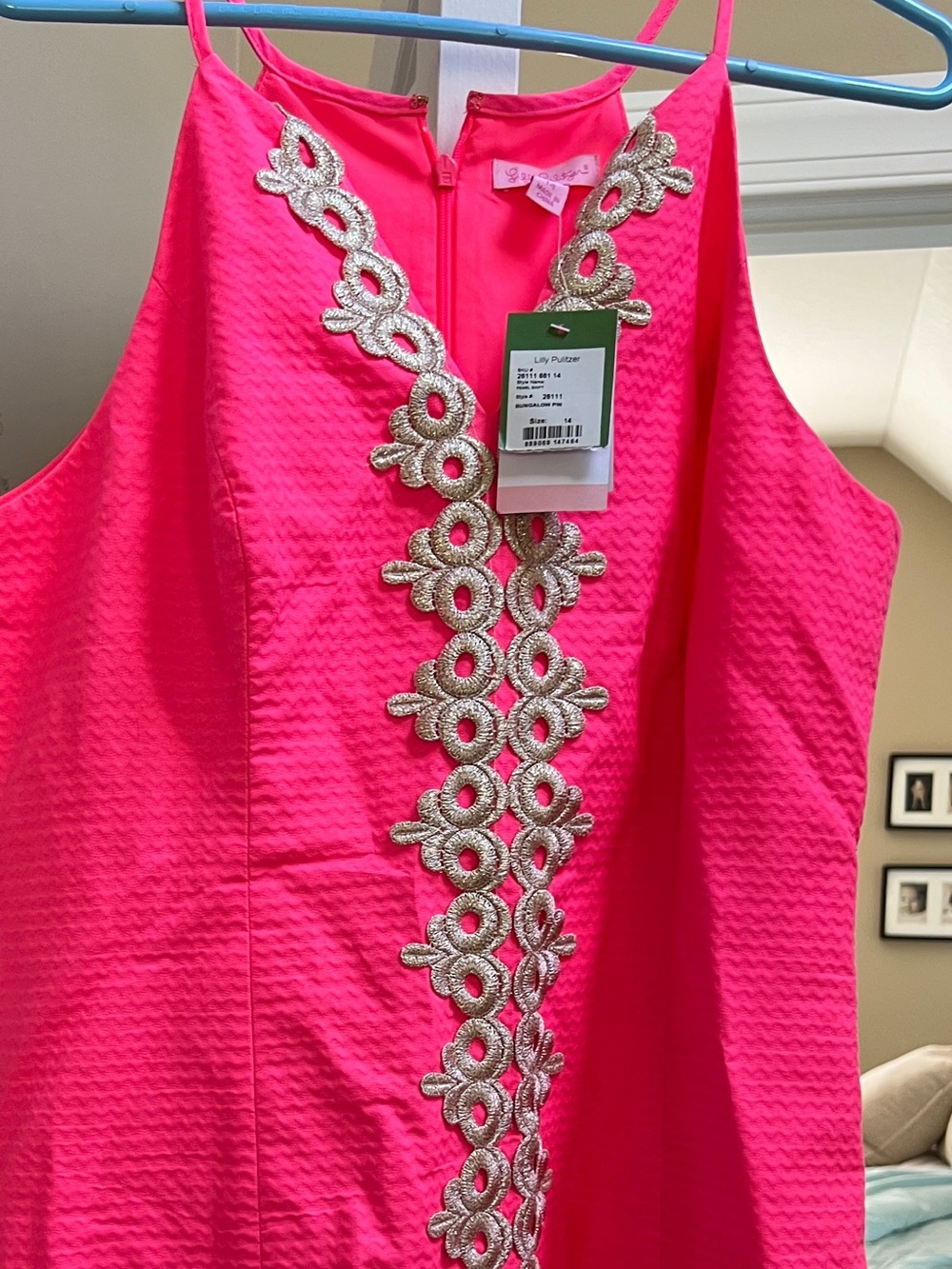 Lilly Pulitzer Bungalow Hot Pink Mini shift Dress with Gold Trim